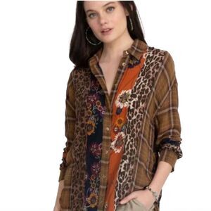Johnny Was Workshop Plaid Leopard Mix Shirt, Sz XS NWT
